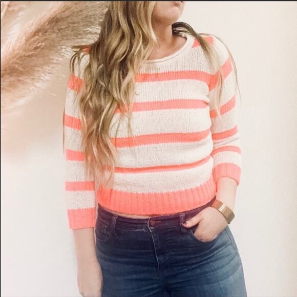 J Crew Neon Pink Orange Twist Stitch Open Neck Pullover Cream Stripe Sweater XS - Picture 3 of 7